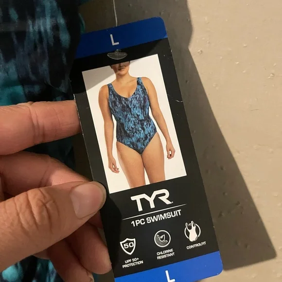 TYR Teal and Black Green Patterned Swimsuit Large - Picture 3 of 6